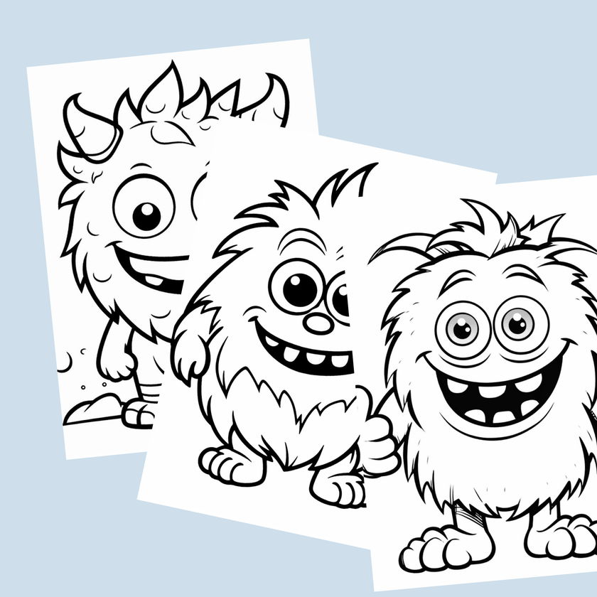Printable monster coloring book with 40 fuzzy creature pages for boys and girls. Fun kids’ activity pack