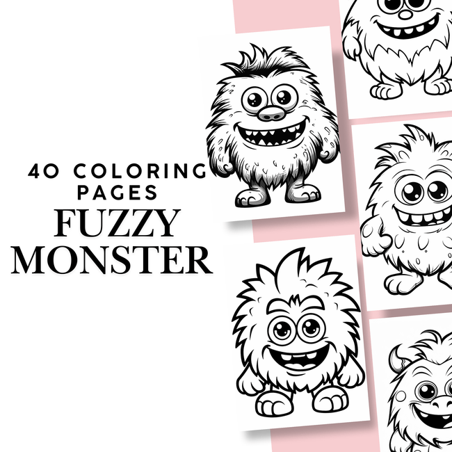 40 printable fuzzy monster coloring pages for kids featuring adorable funny monsters with big eyes and cute smiles.