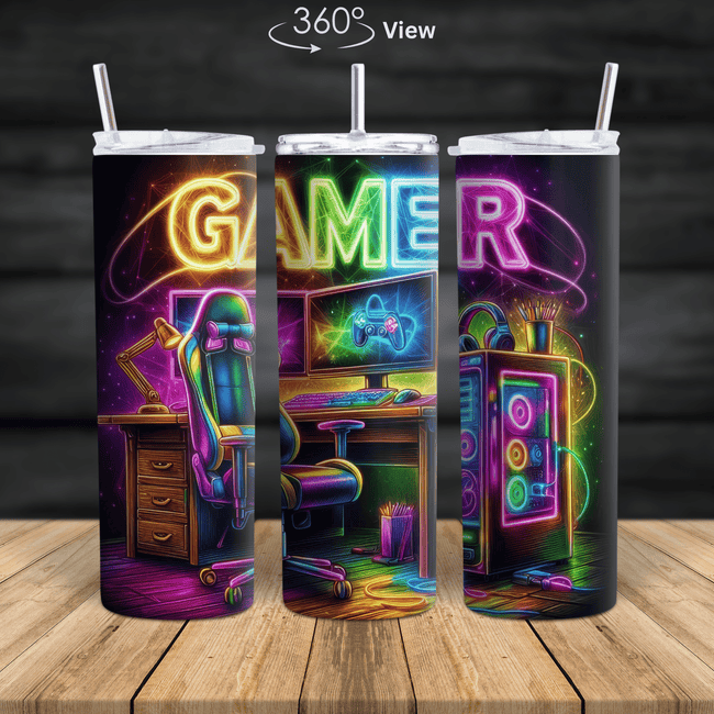 Vibrant neon gamer tumbler featuring a 360° view of a gaming setup with LED lights, gaming chair, and controller.