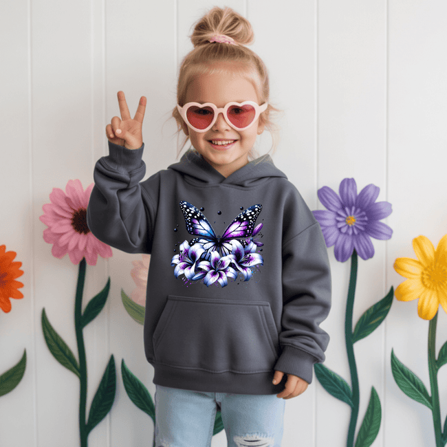 Charcoal gray youth hoodie with artistic butterfly and lily flower design perfect for gifts and seasonal wear.