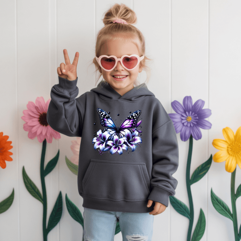 Charcoal gray youth hoodie with artistic butterfly and lily flower design perfect for gifts and seasonal wear.