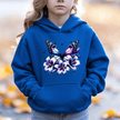 Royal blue girls hoodie featuring detailed butterfly artwork with floral accents and cozy kangaroo pocket.