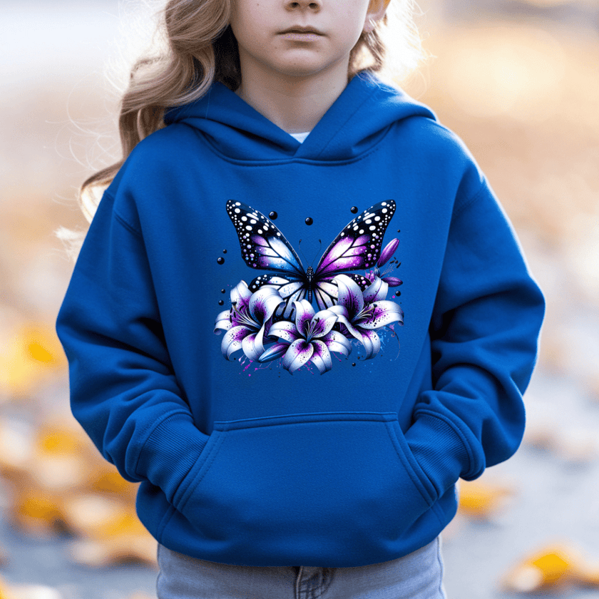 Royal blue girls hoodie featuring detailed butterfly artwork with floral accents and cozy kangaroo pocket.