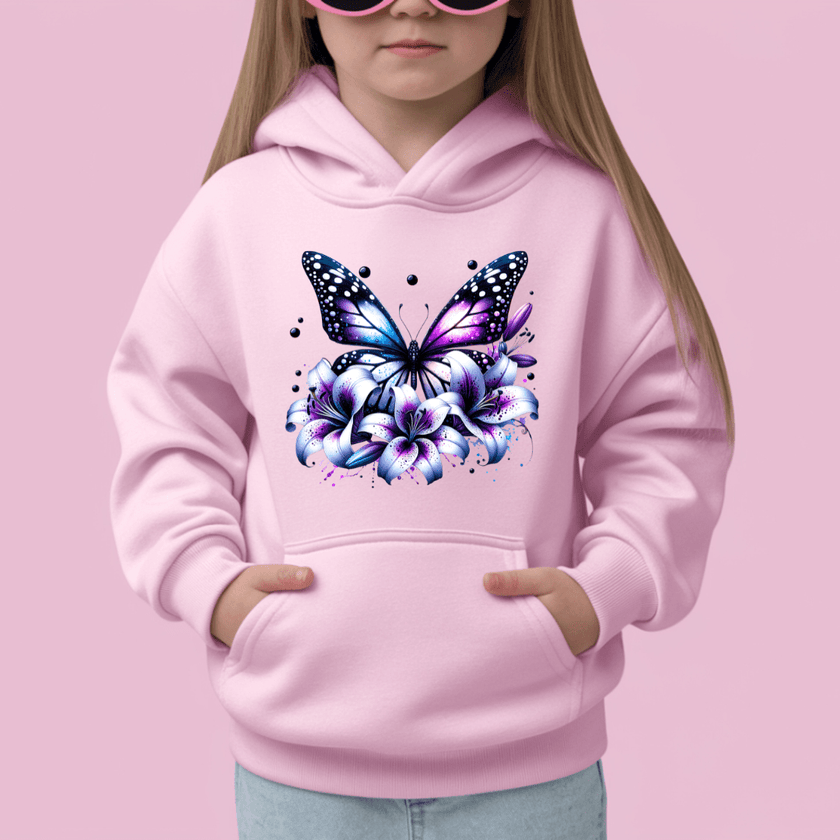 Light pink girls hoodie with colorful butterfly flower artwork perfect for everyday wear and school outfits.