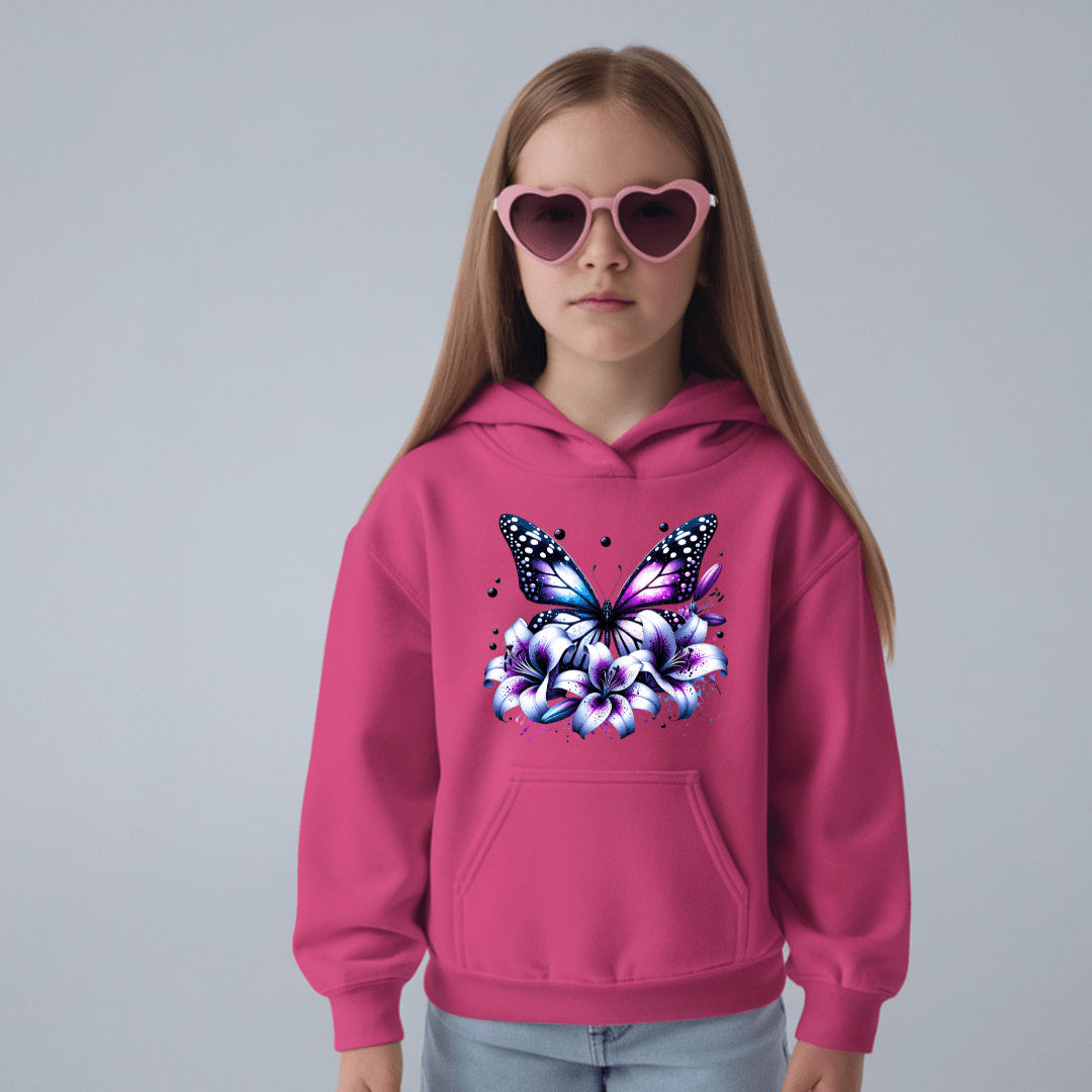 Heliconia youth pullover hoodie displaying a purple butterfly and floral design for trendy girls clothing.