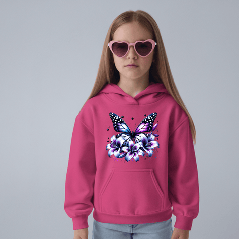 Heliconia youth pullover hoodie displaying a purple butterfly and floral design for trendy girls clothing.