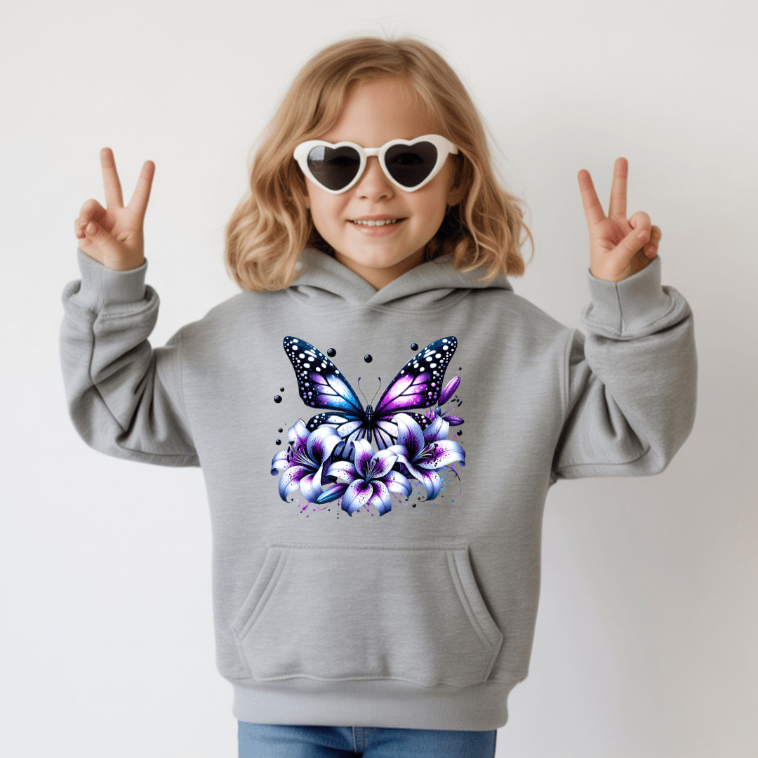 gray girls hoodie showcasing purple butterfly floral graphic for comfortable everyday style.