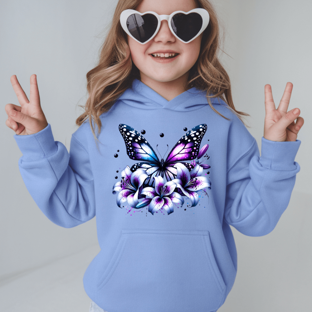 Carolina Blue youth hoodie with colorful butterfly and flower illustration ideal for casual kids fashion.
