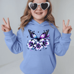 Carolina Blue youth hoodie with colorful butterfly and flower illustration ideal for casual kids fashion.