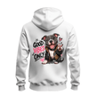 White zip up hoodie back featuring a large happy pit bull graphic with pink accents and Good Vibes Only text.
