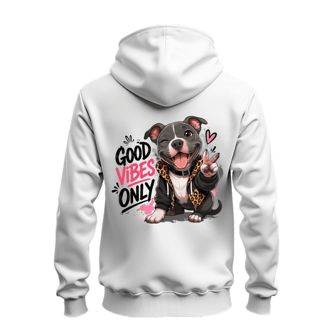 White zip up hoodie back featuring a large happy pit bull graphic with pink accents and Good Vibes Only text.