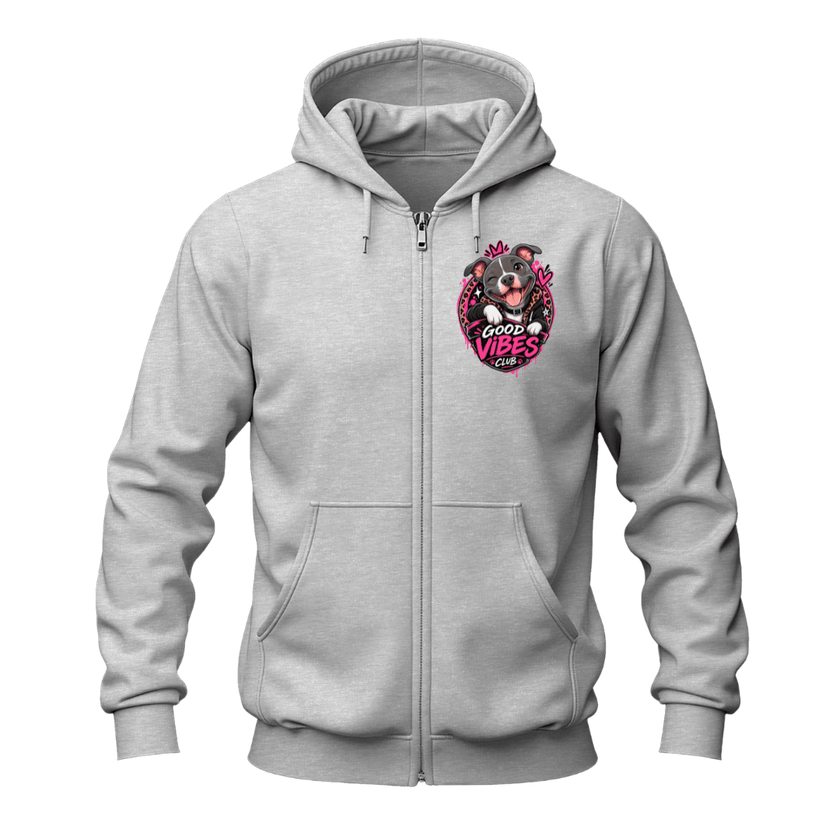 Sport grey dog graphic zip hoodie with a small Good Vibes Club pit bull design on the front chest.