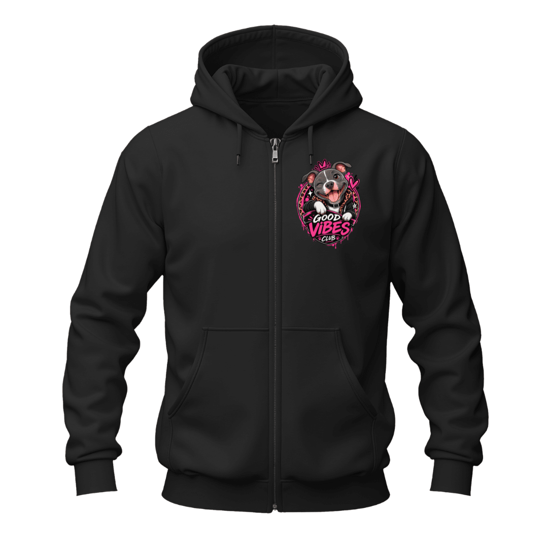 Black full zip hoodie featuring a Good Vibes Club pit bull graphic on the left chest with pink accent details.