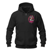 Black full zip hoodie featuring a Good Vibes Club pit bull graphic on the left chest with pink accent details.