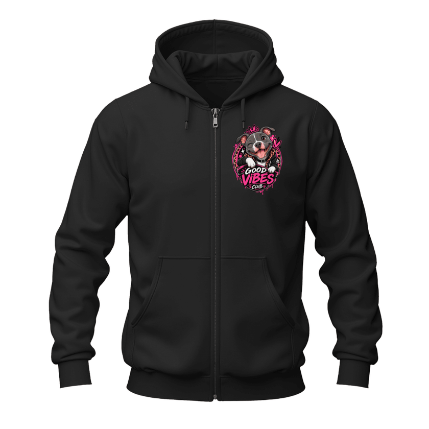 Black full zip hoodie featuring a Good Vibes Club pit bull graphic on the left chest with pink accent details.