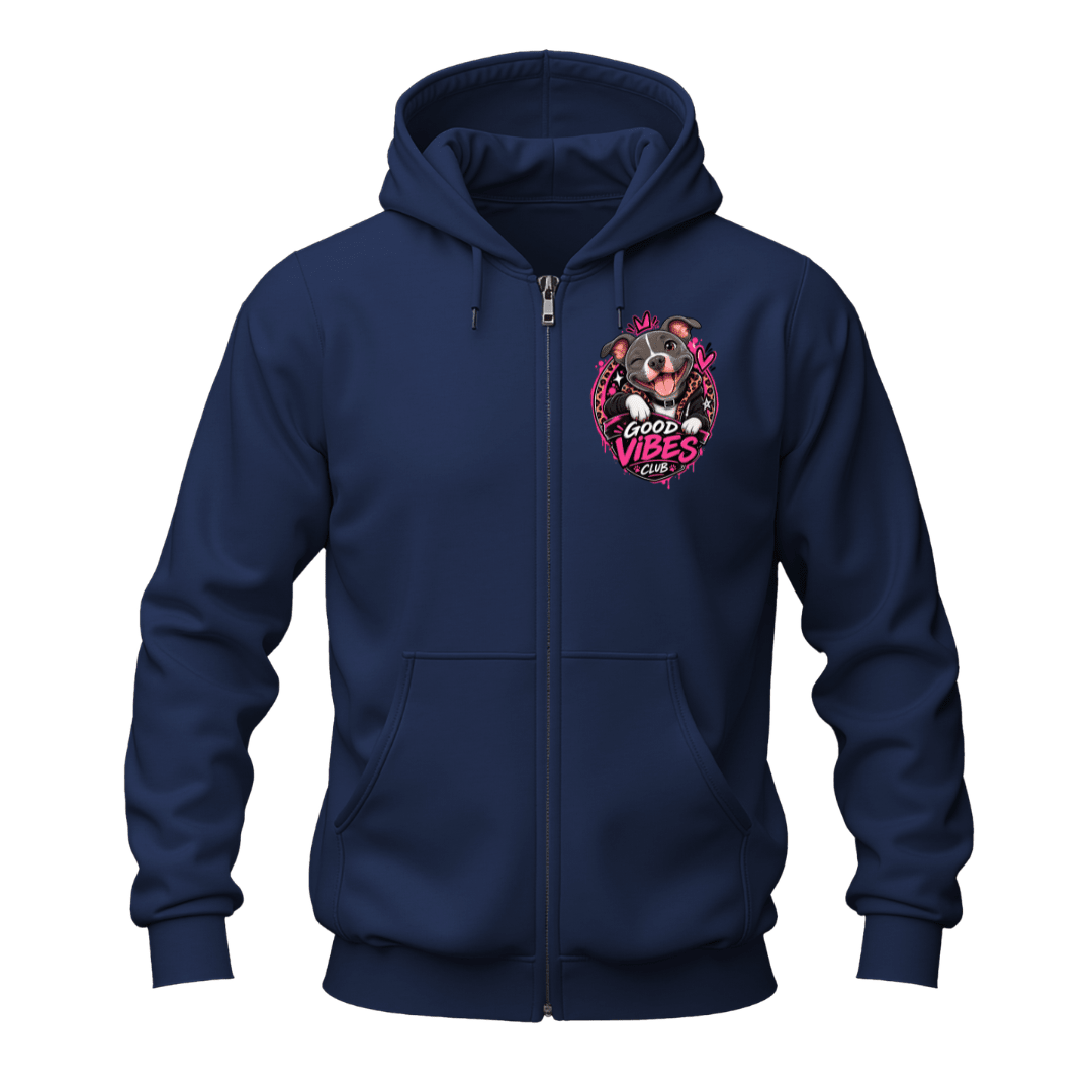 Navy_full_zip_hoodie_featuring_a_small_Good_Vibes_Club_pit_bull_graphic_on_the_left_chest.