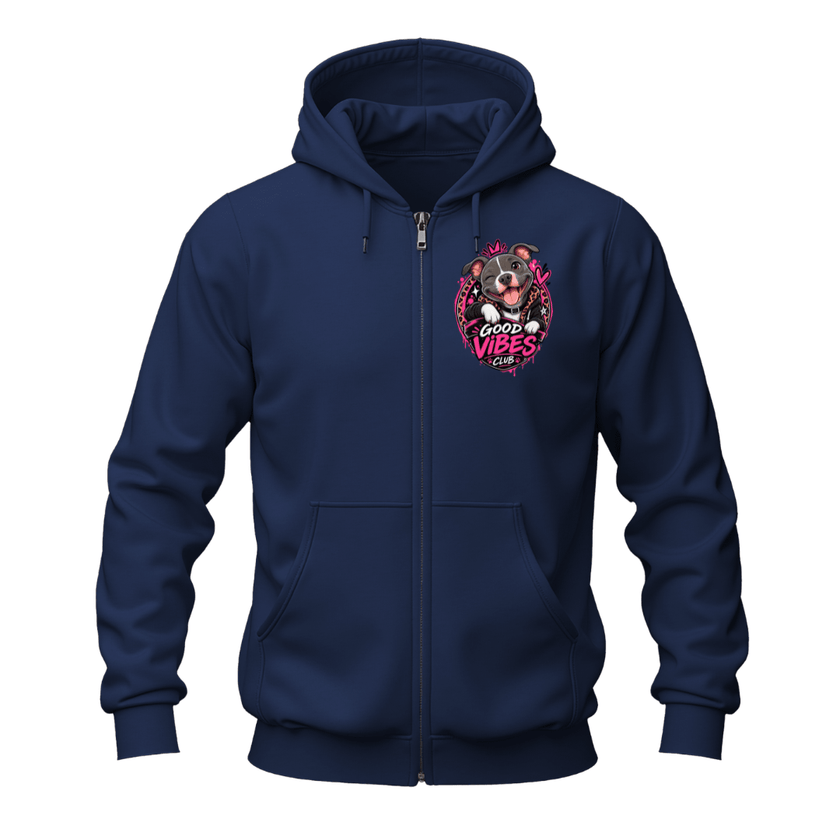 Navy_full_zip_hoodie_featuring_a_small_Good_Vibes_Club_pit_bull_graphic_on_the_left_chest.