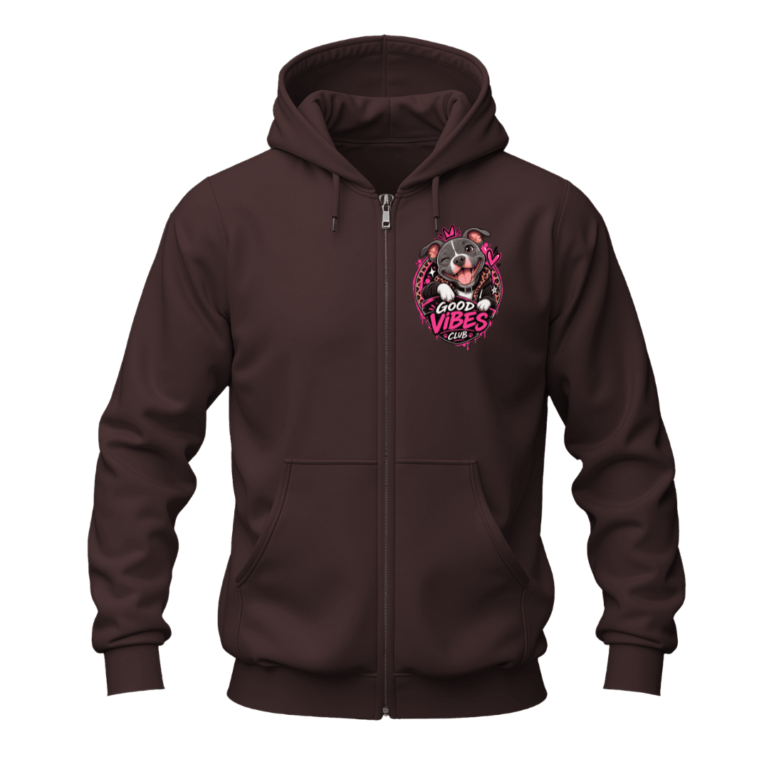 Dark chocolate full zip hoodie with a Good Vibes Club pit bull chest graphic, front zipper and split pockets.