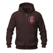 Dark chocolate full zip hoodie with a Good Vibes Club pit bull chest graphic, front zipper and split pockets.