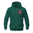 Forest green full zip hoodie with a Good Vibes Club pit bull chest graphic, attached hood and front pockets.