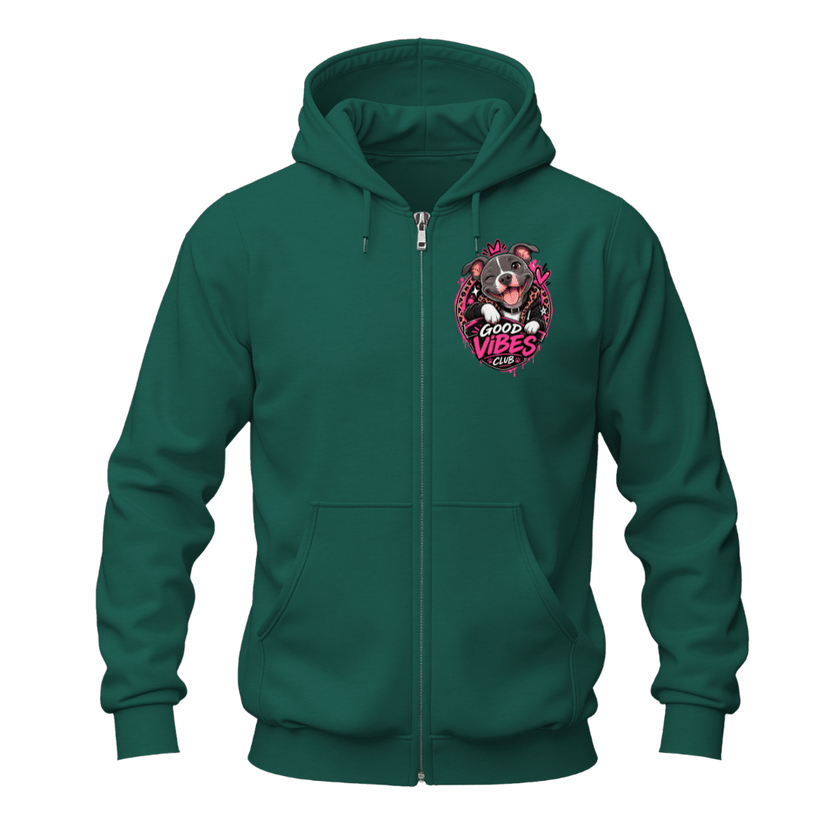 Forest green full zip hoodie with a Good Vibes Club pit bull chest graphic, attached hood and front pockets.