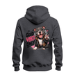 Dark heather zip hoodie back featuring a large playful pit bull graphic with peace sign and Good Vibes Only lettering.
