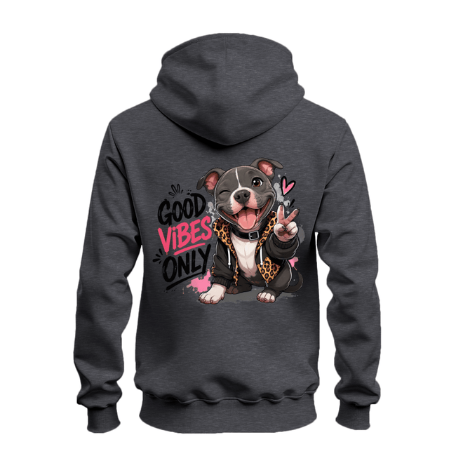 Dark heather zip hoodie back featuring a large playful pit bull graphic with peace sign and Good Vibes Only lettering.