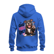 Royal blue zip hoodie back with a large pit bull character making a peace sign and bold Good Vibes Only graphic.
