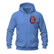 Carolina blue full zip dog hoodie with a colourful Good Vibes Club pit bull chest design.