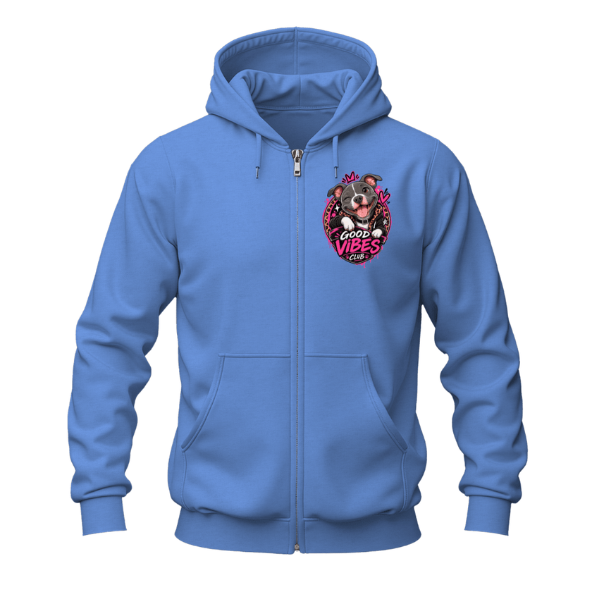 Carolina blue full zip dog hoodie with a colourful Good Vibes Club pit bull chest design.