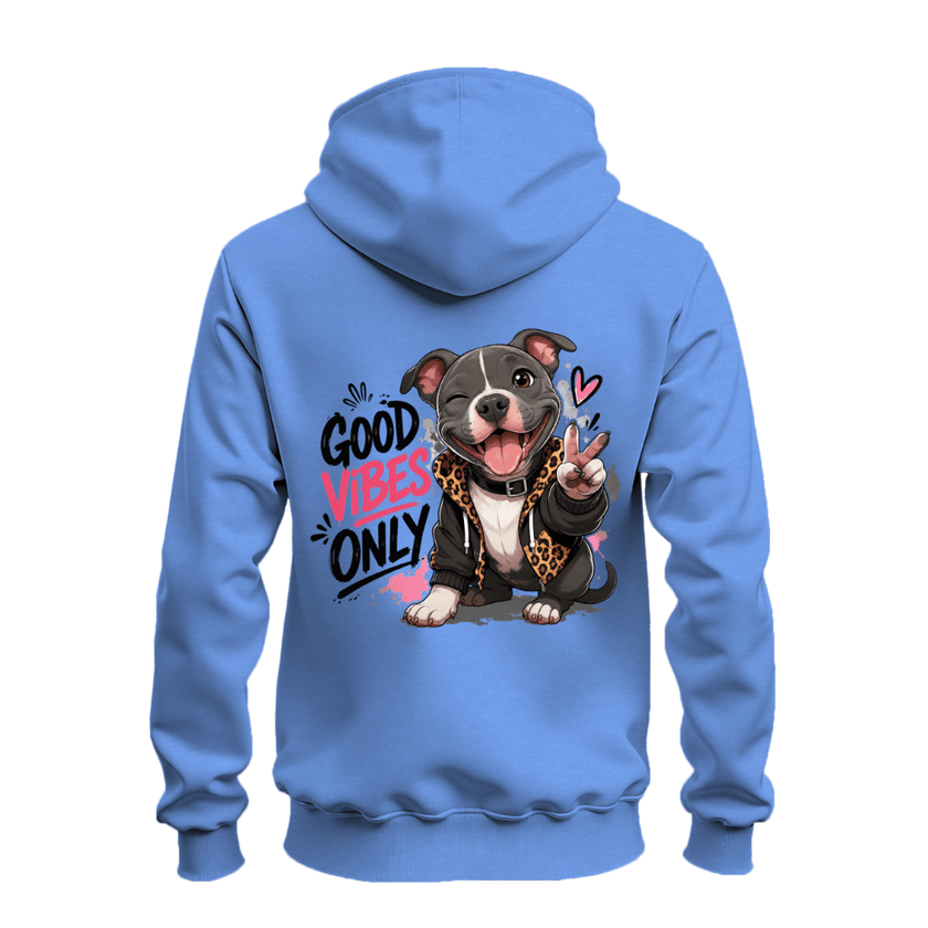 Carolina blue zip hoodie back featuring a smiling pit bull making a peace sign beside Good Vibes Only lettering.