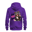 Purple zip up hoodie back displaying a cheerful pit bull in a jacket with pink accents and large Good Vibes Only text.