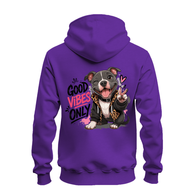 Purple zip up hoodie back displaying a cheerful pit bull in a jacket with pink accents and large Good Vibes Only text.