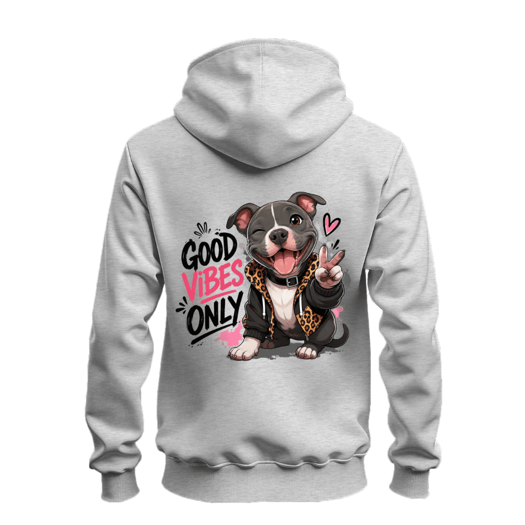 Sport grey zip up hoodie back featuring a cute pit bull, peace sign, pink paint details and Good Vibes Only lettering.