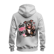 Sport grey zip up hoodie back featuring a cute pit bull, peace sign, pink paint details and Good Vibes Only lettering.