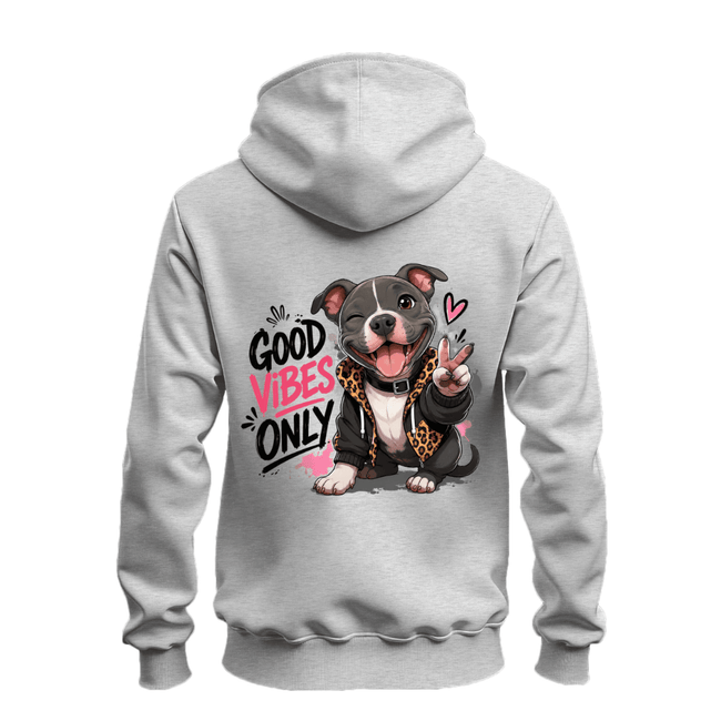 Sport grey zip up hoodie back featuring a cute pit bull, peace sign, pink paint details and Good Vibes Only lettering.
