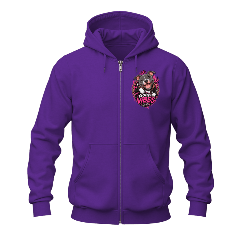 Purple full zip dog hoodie featuring a small Good Vibes Club pit bull graphic on the left chest.