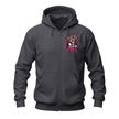 A dark gray heather zip-up hoodie with a front pocket and a pink 'Puppy Love Vibe' graphic featuring a cartoon dog on the left chest, shown against a plain white background.