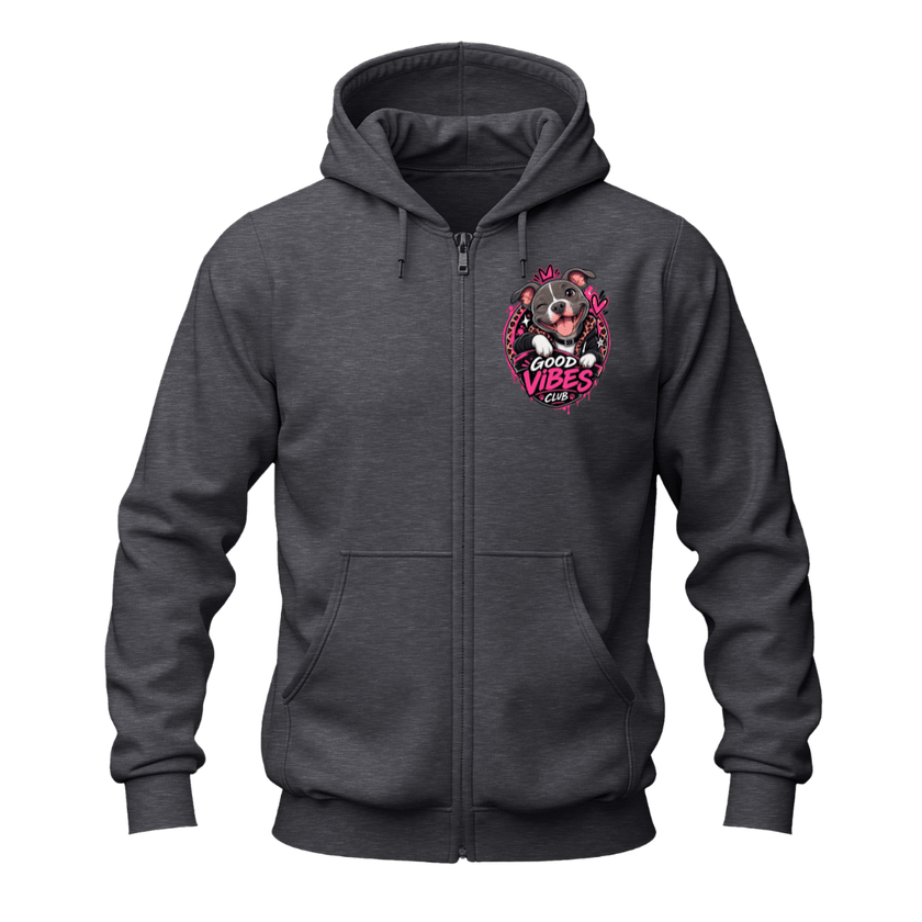 A dark gray heather zip-up hoodie with a front pocket and a pink 'Puppy Love Vibe' graphic featuring a cartoon dog on the left chest, shown against a plain white background.