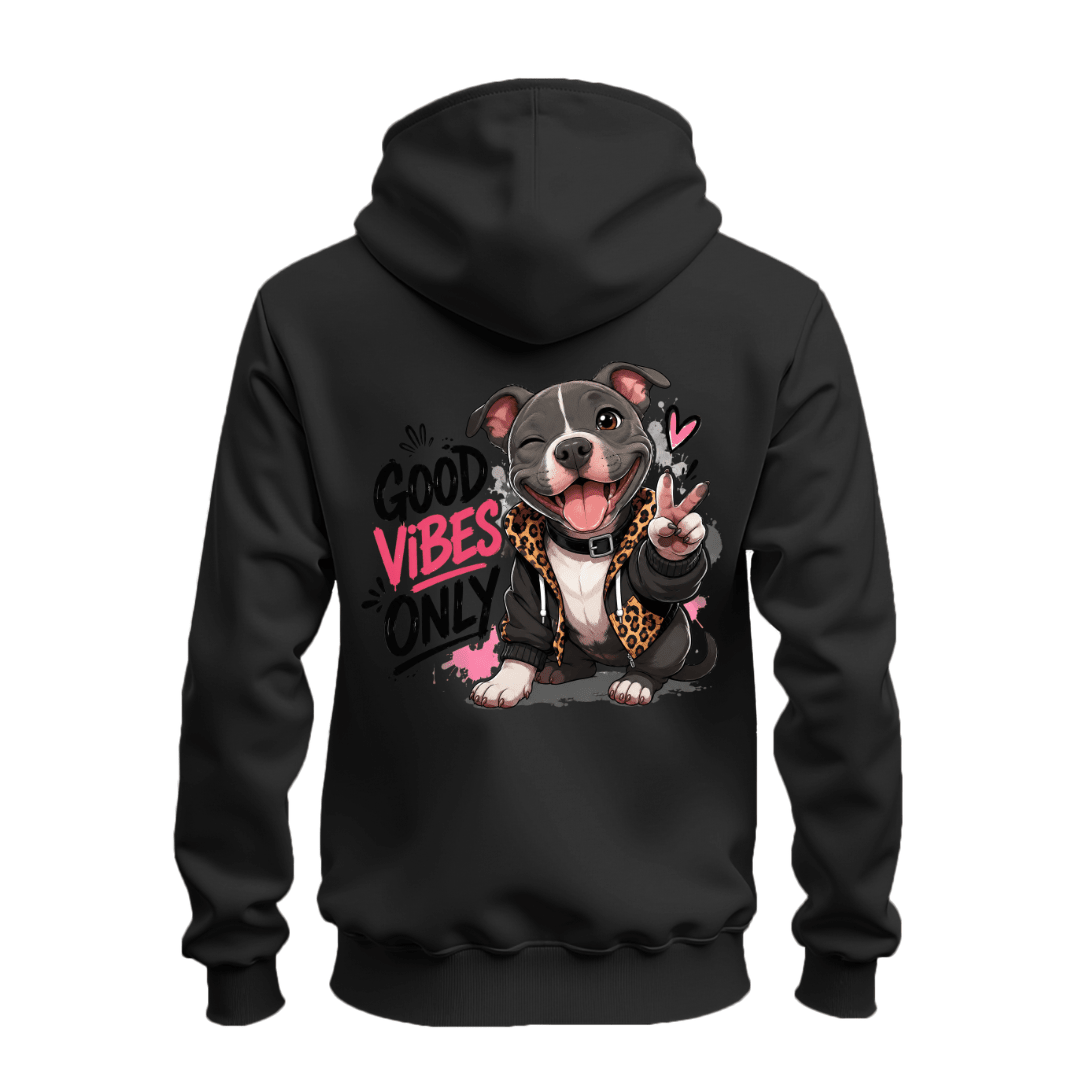 Black zip hoodie back with a large cute pit bull character, peace sign and bold pink and black Good Vibes Only design.