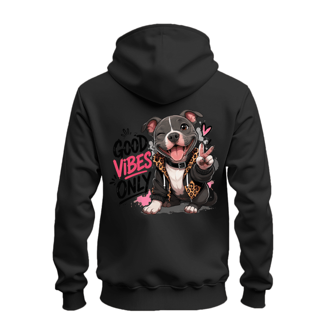 Black zip hoodie back with a large cute pit bull character, peace sign and bold pink and black Good Vibes Only design.