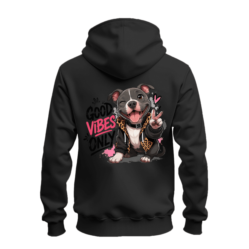 Black zip hoodie back with a large cute pit bull character, peace sign and bold pink and black Good Vibes Only design.