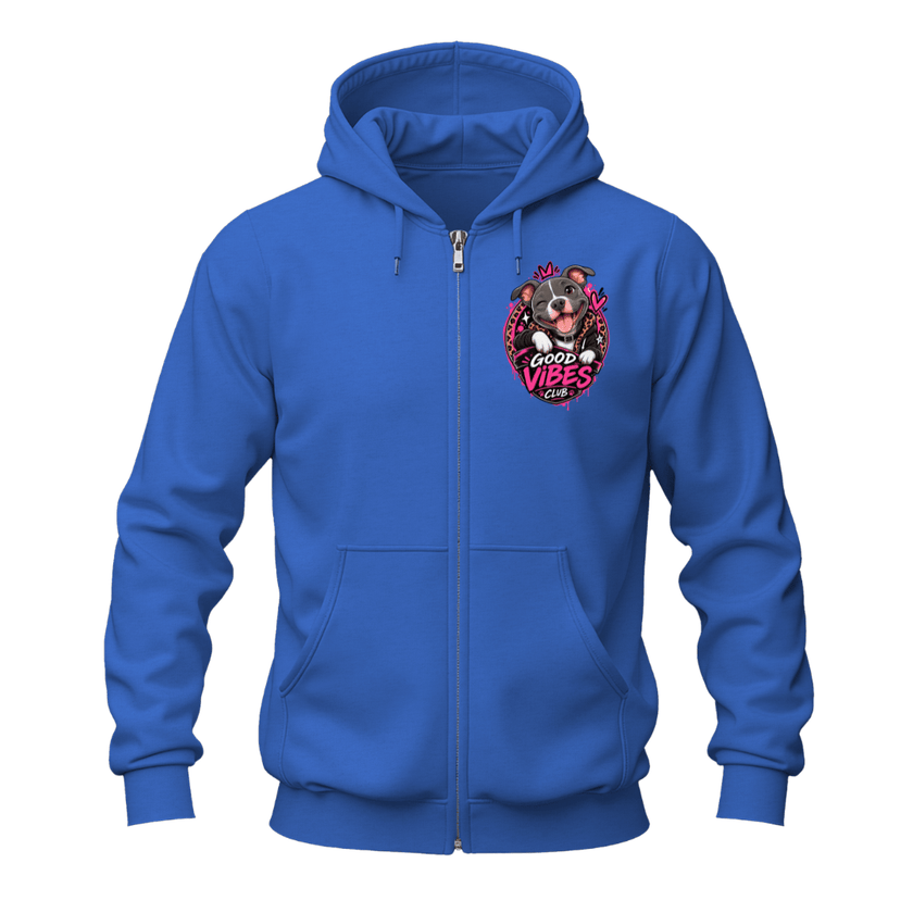 Royal blue full zip hoodie with a colourful Good Vibes Club dog design placed on the front left chest.