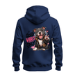 Navy zip up hoodie back displaying a pit bull in a stylish jacket with pink accents and bold Good Vibes Only artwork.
