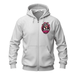 White full zip hoodie with a Good Vibes Club pit bull graphic on the left chest and split front pockets.