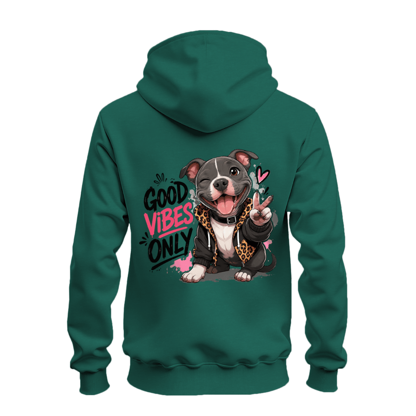 Forest green zip hoodie back featuring a large smiling pit bull making a peace sign beside bold Good Vibes Only lettering.