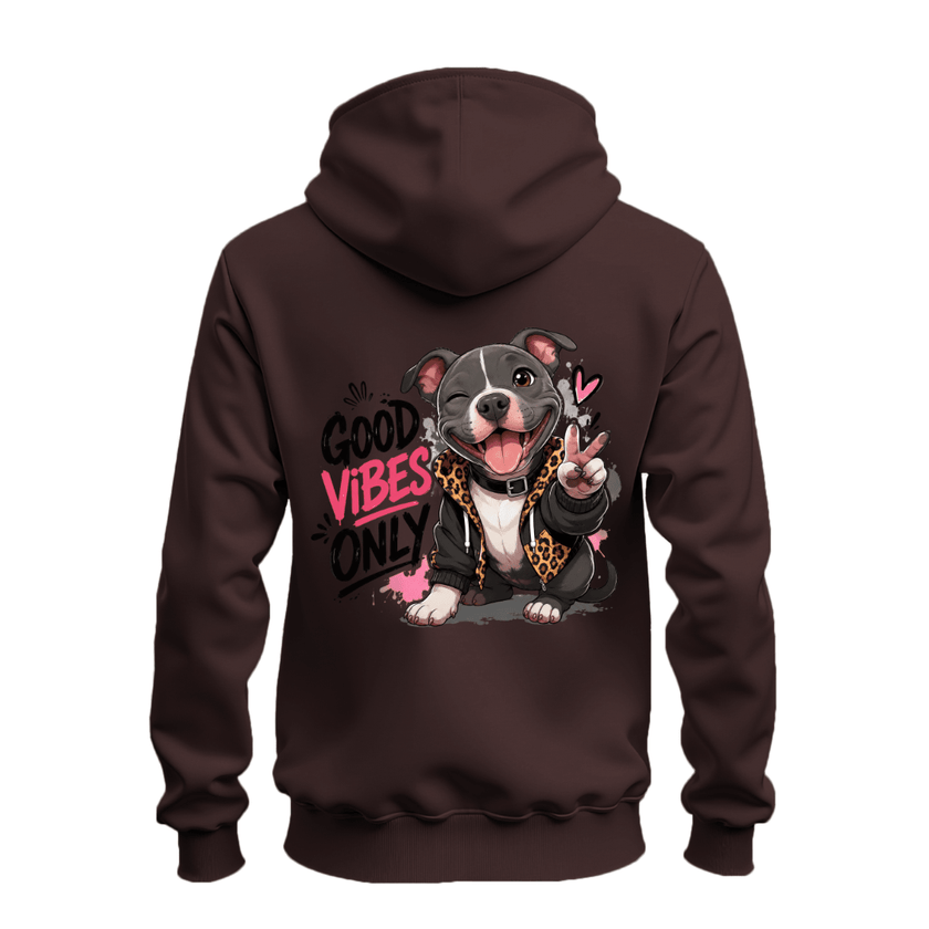 Dark chocolate zip hoodie back featuring a smiling pit bull and large Good Vibes Only graphic in black and pink.