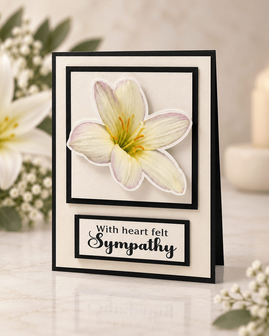 Handmade deepest sympathy card featuring a dimensional white lily with black and cream layered detailing and heartfelt front message