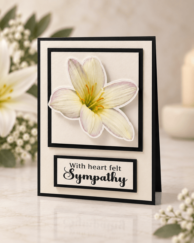 Handmade deepest sympathy card featuring a dimensional white lily with black and cream layered detailing and heartfelt front message