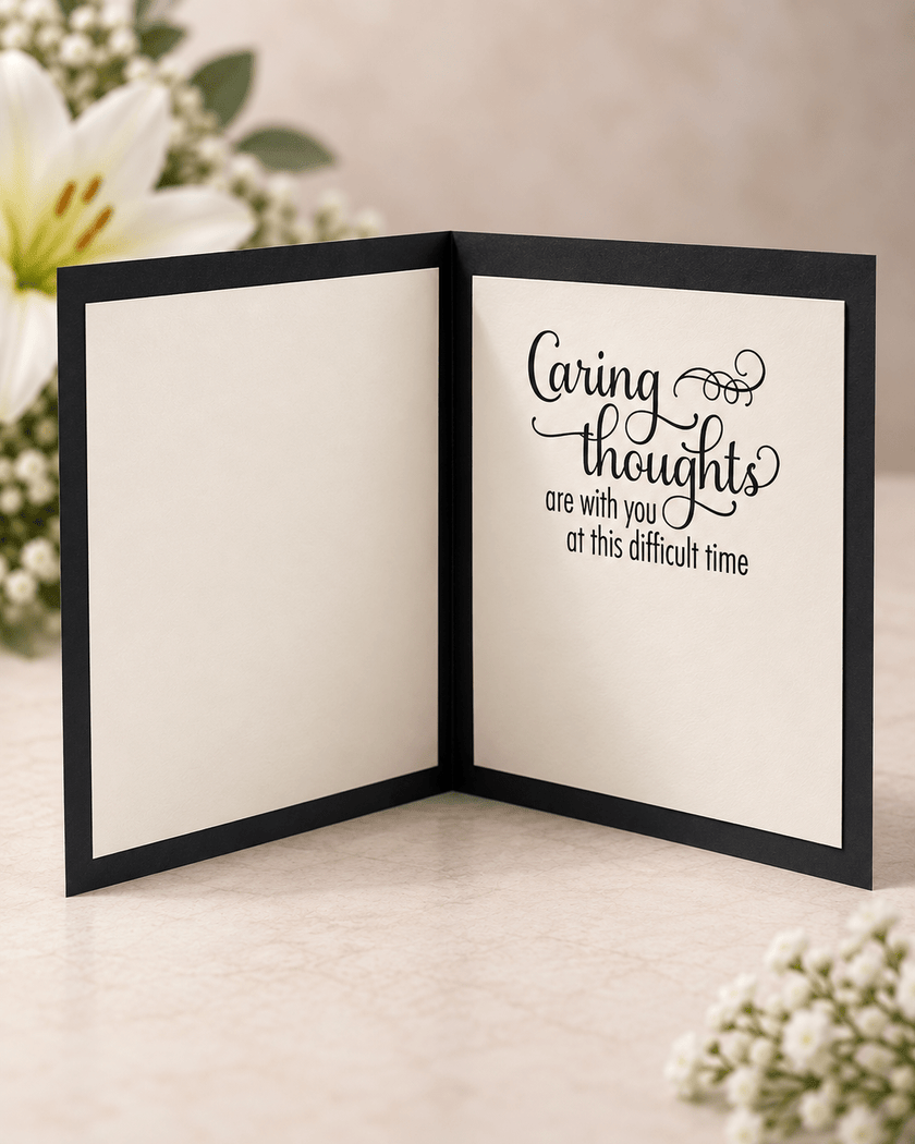Open handmade bereavement card showing the message Caring thoughts are with you at this difficult time with space for a personal note.